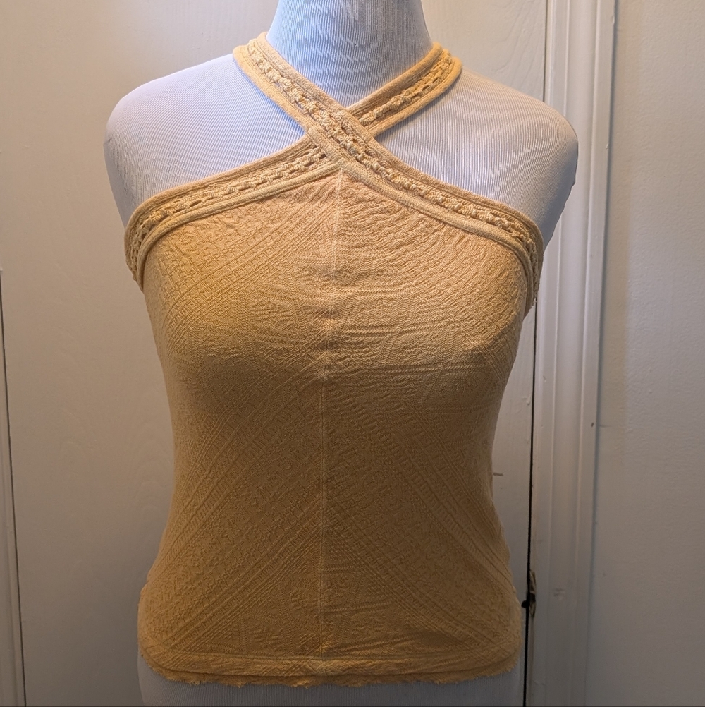 Free People Yellow Crinkle Halter Cross-Neck Tank
